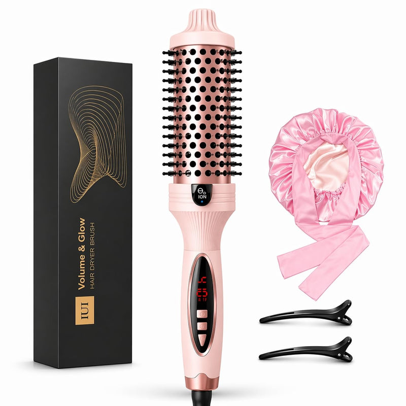 Iuibeauty Thermal Brush, Heated Round Brush With 5 Heat Settings & LED Display, 1.5 Inch Negative Ion Thermal Brush Long Hair Blowout Curling Iron, Dual Voltage Pink,Volumizing Brush