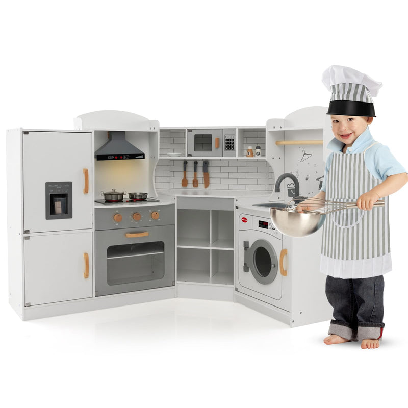GLACER Corner Kids Kitchen Playset, Wooden Play Kitchen With Washing Machine, Ice Maker, Microwave, Oven, Sink & Facet, Pretend Toy Kitchen Set With Sounds & Lights For Toddler (LOCAL PICKUP ONLY)