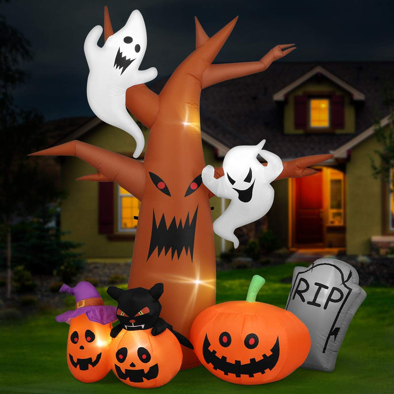 8 Ft Halloween Inflatables Dead Tree Decorations, Blow Up Party Decor With Ghosts, Pumpkins, Tombstones, Cats, Built-In LED Lights With Stakes, For Indoor Outdoor Yard Lawn