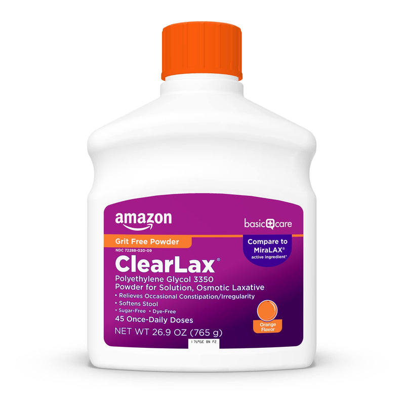 Amazon Basic Care Clearlax, Laxative Powder For Gentle Constipation Relief, Softens Stool, Polyethylene Glycol 3350, Orange Flavor, 1.68 Pound (Pack Of 1)