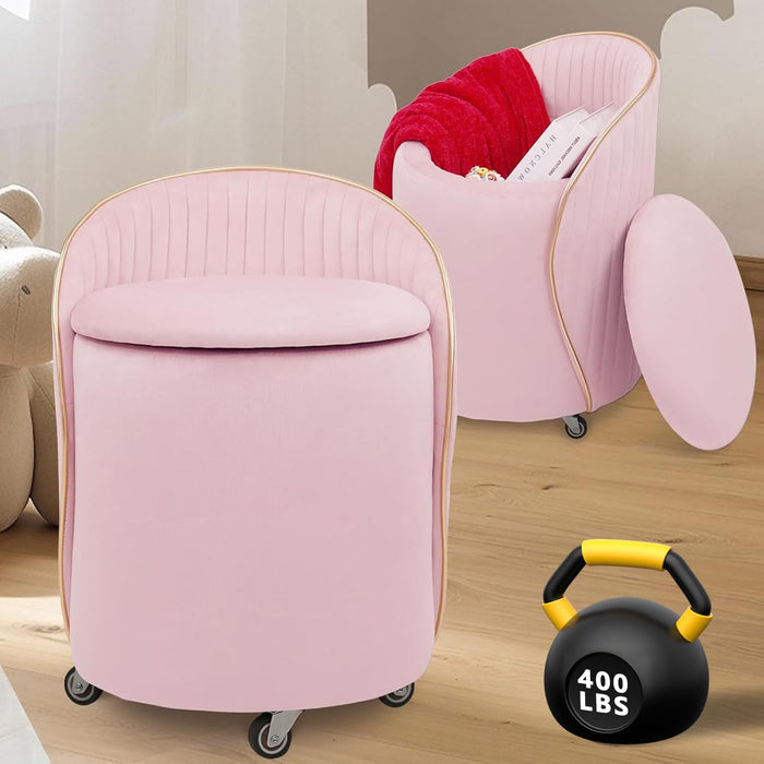 KLASIKA Round Storage Ottoman, Upholstered Velvet Vanity Stool With Lumbar Support, Swivel Rolling Wheels, Small Foot Stools Coffee Table Padded Seat For Makeup Room, Living Room, Bedroom (Pink)