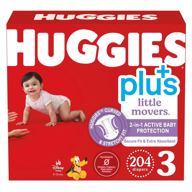 Huggies Plus Little Movers Diapers, Size 3, 204 Count, Disney Collection, 2-In-1 Active Baby Protection, Secure Fit, Extra Absorbent, 16-28 Pounds
