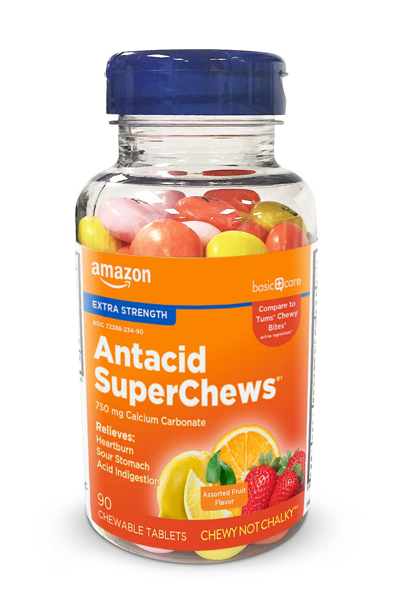 Amazon Basic Care Extra Strength Antacid Superchews Chewable Tablets, Assorted Fruit, 90 Count (Previously Soundhealth) Orange, Pink, Yellow