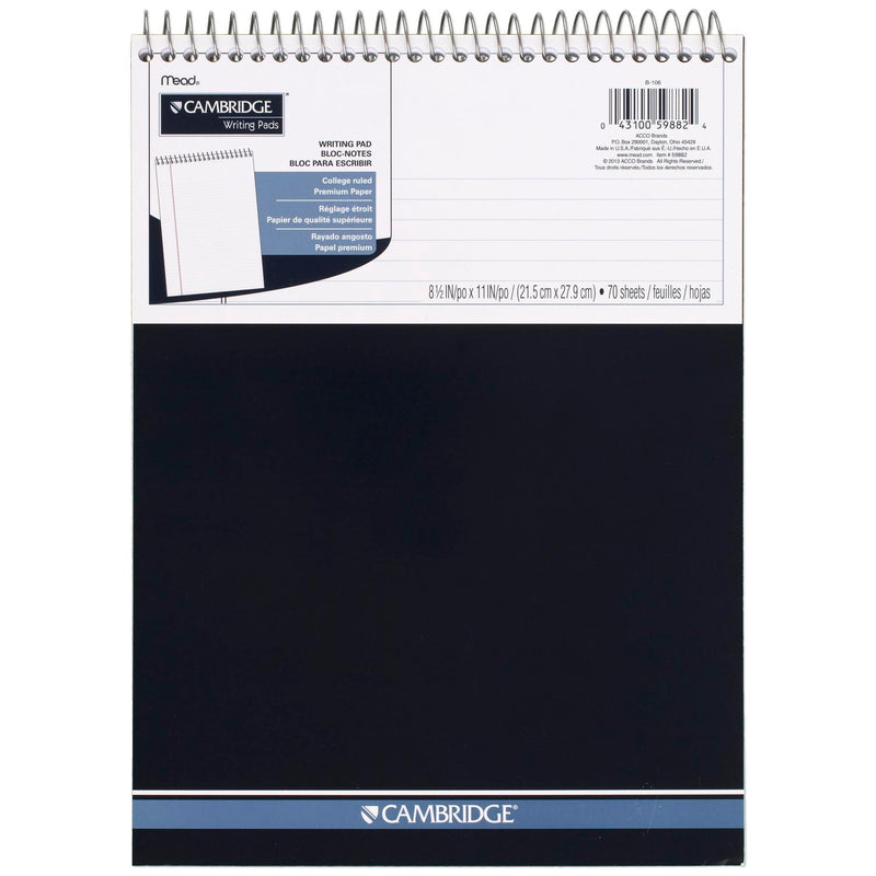 Cambridge Spiral Notebook, College Ruled Paper, 8-1/2" X 11", 70 Sheets, Top Bound, Navy (59882)