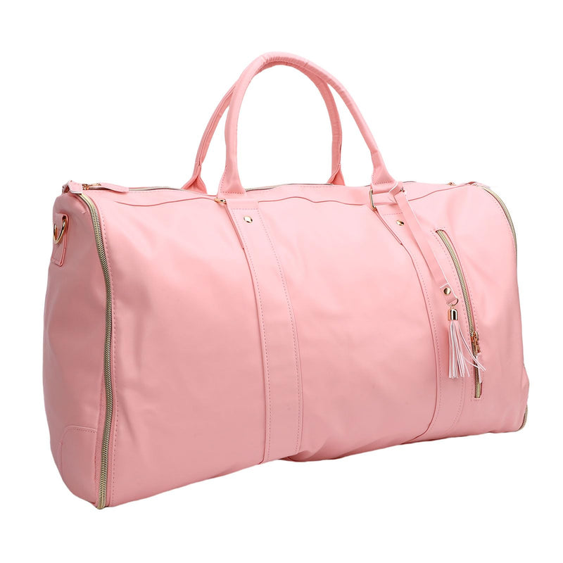 Oreilet Garment Bag For Travel, PU Leather Large Duffel Bag With Shoulder Strap, Luggage Carry On Garment Bags For Women Men Weekender Business Trips Getaways (Pink)
