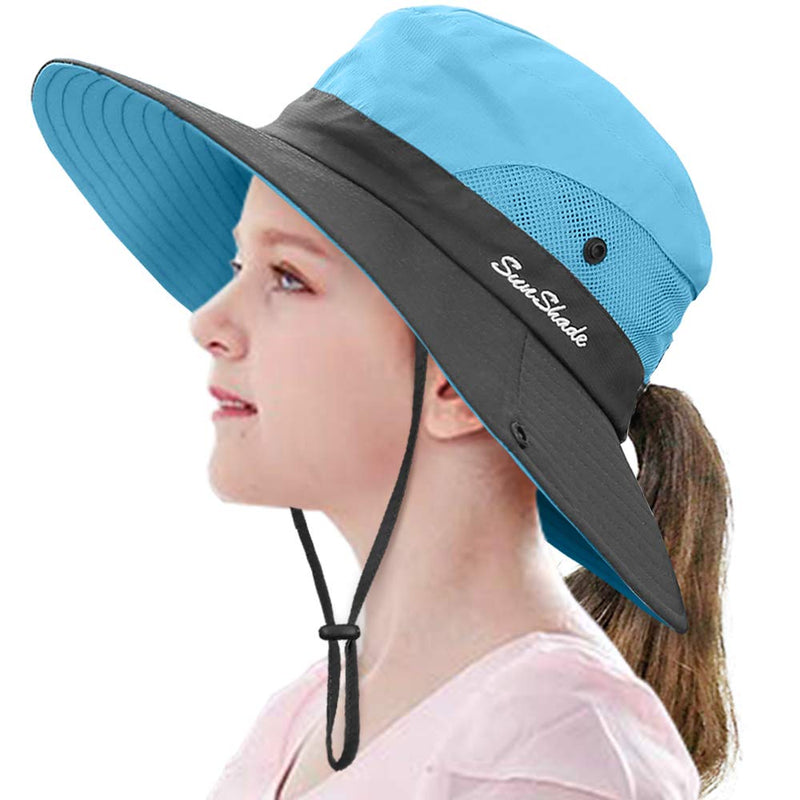 LCZTN Kids Ponytail Sun Hat Wide Brim UV Protection For Girls Beach Bucket Cap (M:20.5"-21.7" Head Circumferences, Suggest To 5-12T, Sky Blue)