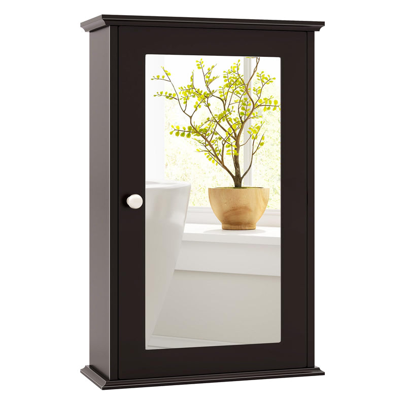 Tangkula Bathroom Medicine Cabinet With Mirror, Wall Mounted Single Mirror Door Storage Cabinet W/Adjustable Shelf, Wall Cabinet W/Reversible Door For Bathroom Living Room Hallway (Brown) (LOCAL PICKUP ONLY)