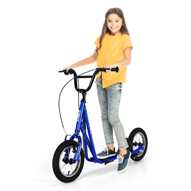 GYMAX Scooter, Kids & Adults Off-Road Scooter With 12" Inflatable Wheels, Adjustable Height Handlebar, V-Type Handbrakes & Axle Pegs For All Terrain, 8+ (Blue) (LOCAL PICKUP ONLY)