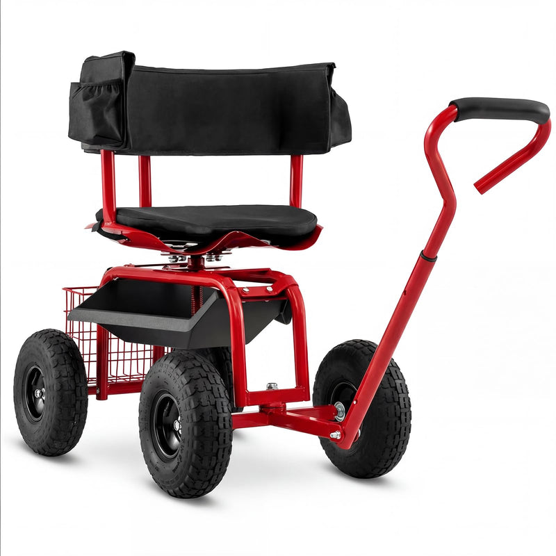 Goplus Garden Seat With Wheels, Rolling Gardening Stool With Adjustable 360° Swivel Seat, Tool Tray & Storage Basket, Extendable Handle, Outdoor Gardening Scooter, Garden Cart Workseat For Seniors (LOCAL PICKUP ONLY)