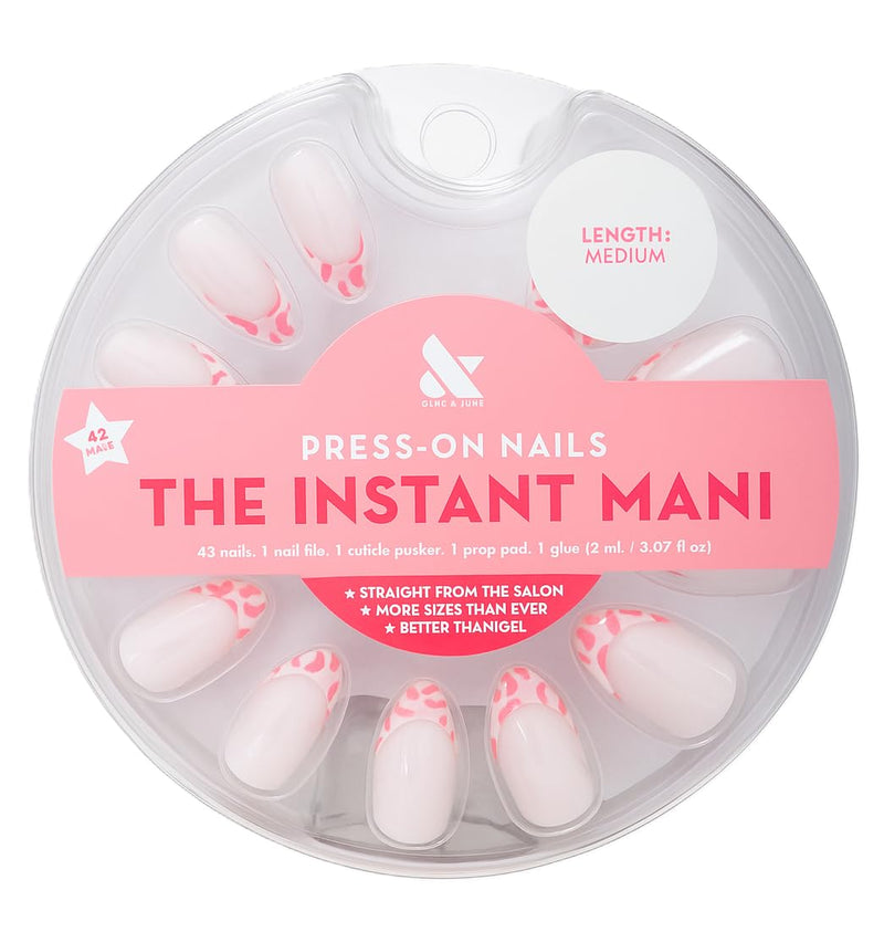 Olive & June Instant Mani Press-On Nails | (Glue) Medium, Almond 42 Fake Nails, 21 Sizes | Non-Toxic, Long-Lasting Recycled Materials Realistic Look | Salon-Quality At Home | Pink Cheetah