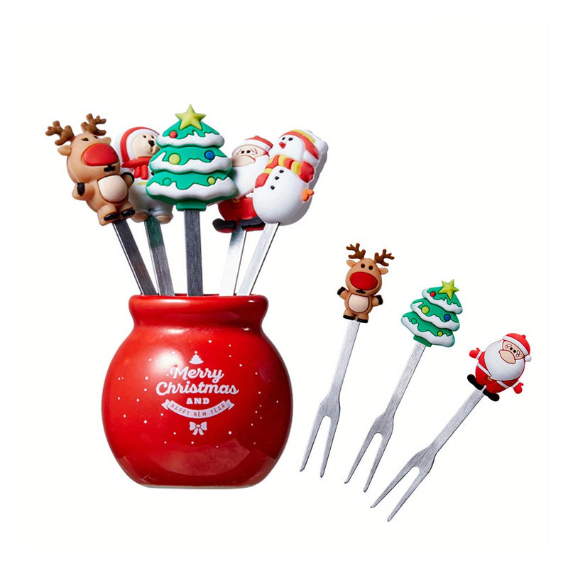 Christmas Gift Silicone Fruit Fork Salad Fork With Stainless Steel Children's Food Fork Ceramic Cup Holder Reusable Fruit Fork Decoration Cute 5 Christmas Fruit Forks 1 Ceramic Cup