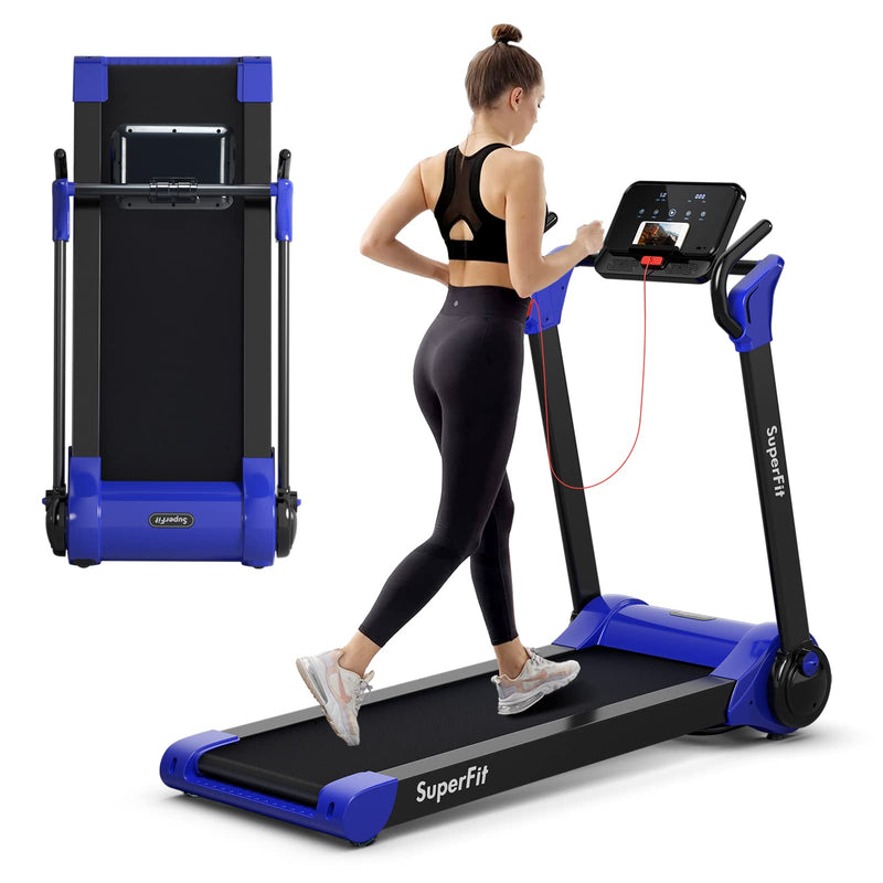 Goplus 2.25HP Folding Treadmill, Electric Superfit Treadmill W/LED Display, APP Control, Blue Tooth Speaker And Device Holder, Compact Jogging Walking Running Machine For Home & Office (Blue) (LOCAL PICKUP ONLY)