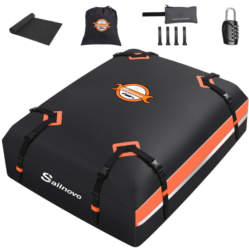 Sailnovo Car Rooftop Cargo Carrier 15 Cubic Feet, Waterproof 1000D PVC Car Roof Bag With Anti-Slip Mat, Combination Lock, Storage Bag, Door Hooks & Tie-Down Strap Fit Vehicle With/Without Luggage Rack