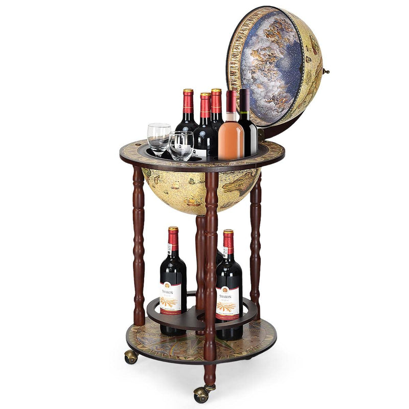 CHEFJOY Globe Bar, Wood Globe Wine Bar Stand, 16Th Century Italian Rack Liquor Bottle Shelf, Replica Globe Bar Liquor Cabinet W/Wheels, Globe Bar Cart For Wine Spirits Beverage Stemware(Creamy White) (LOCAL PICKUP ONLY)