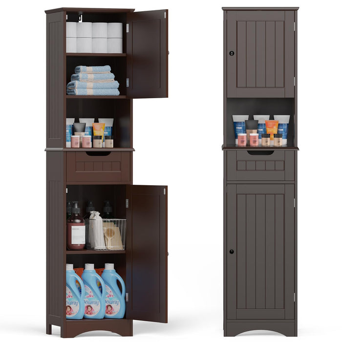 Gizoon 67" H Tall Bathroom Cabinet, Storage Cabinet With 2 Doors & Drawer, Narrow Linen Tower Freestanding Adjustable Shelves For Home, Kitchen, Versatile, Anti-Tipping, Dark Brown (LOCAL PICKUP ONLY)