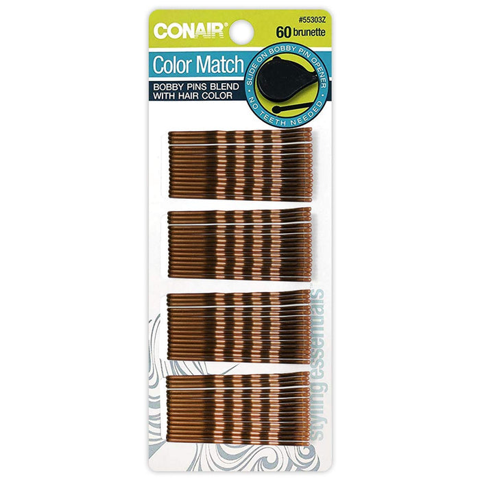 Conair Color Match, Bobby Pins With Slide-On Opener, Brunette, 1-Pack Of 60-Pieces
