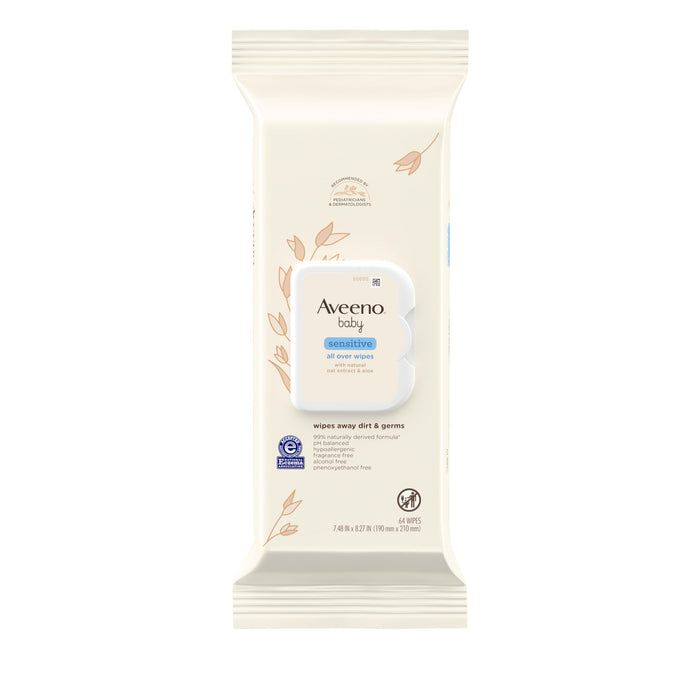 Aveeno Baby Sensitive All Over Wipes With Aloe & Natural Oat Extract For Face, Bottom, Hands & Body, Ph-Balanced, Hypoallergenic, Fragrance-, Phenoxyethanol- & Alcohol-Free, 64 Ct