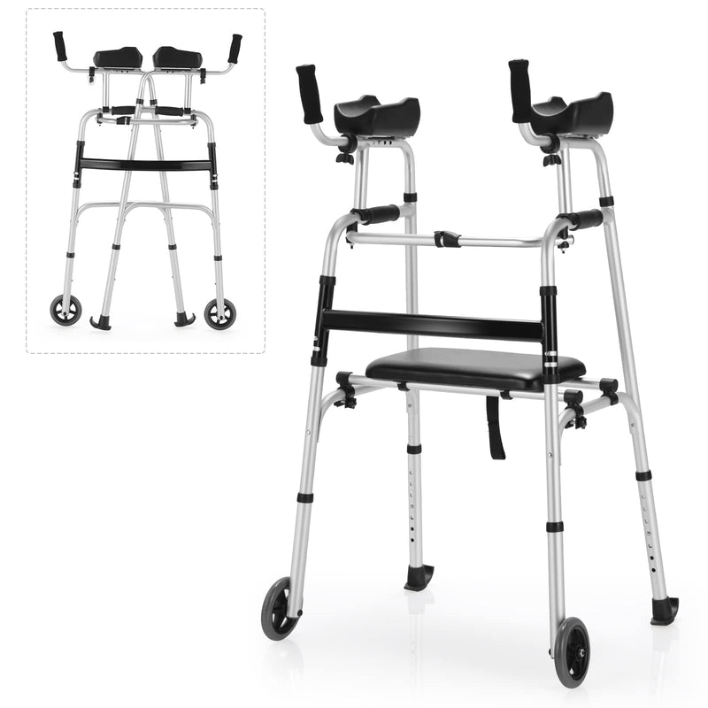 Goplus Folding Walker For Seniors, Lightweight Standard Walker With 5’’ Wheels, Seat And Arm Rest Pad, Height Adjustable Platform Walker, Standing & Walking Mobility Aid For Elderly Handicap Disabled (LOCAL PICKUP ONLY)