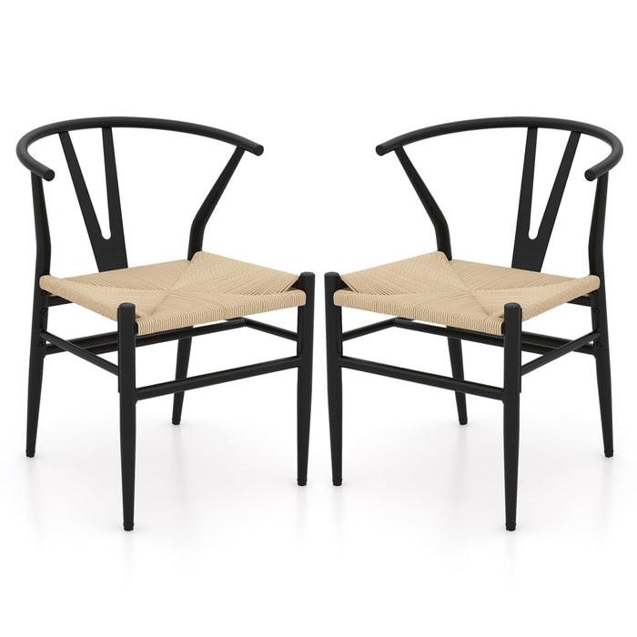 GOFLAME Weave Dining Chairs Set Of 2, Mid-Century Modern Kitchen Chairs With Curved Backrest & Armrest, Metal Frame, Wishbone Dinning Chairs For Dining Room, Restaurant, Living Room, Black & Natural (LOCAL PICKUP ONLY)