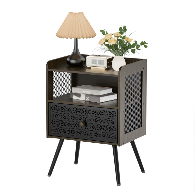 Iirios Nightstand, 2-Tier Open Adjustable Metal Floral Drawer Night Stand, Black (LOCAL PICKUP ONLY)