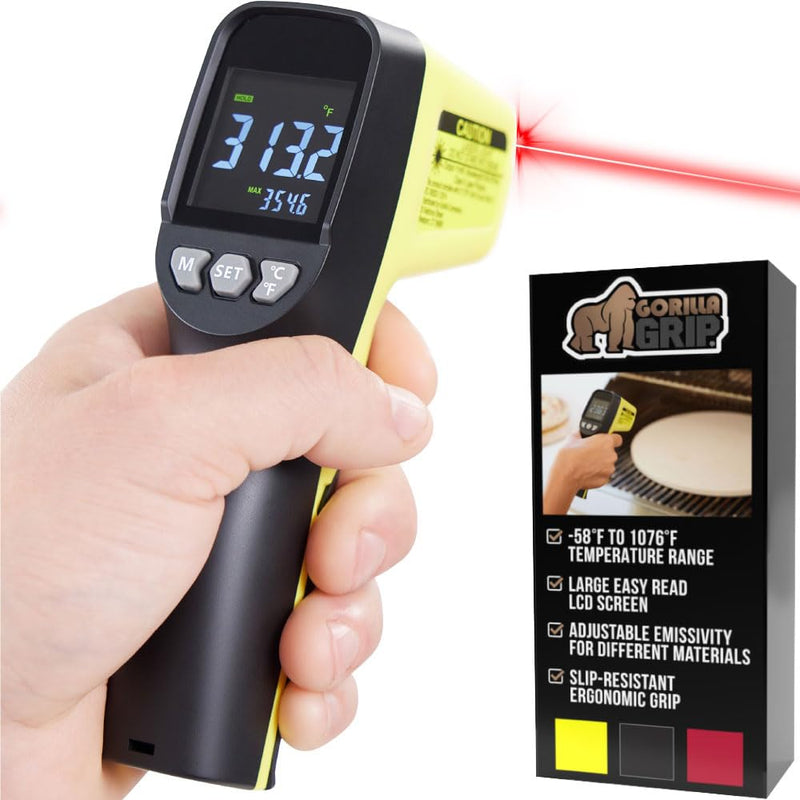 Gorilla Grip Infrared Thermometer Gun, Meat Grill Temperature Thermometers For Cooking Pizza Oven Griddle, -58°F To 1076°F, Digital Food Temp Reader, Instant Read Laser Adjustable Emissivity, Yellow