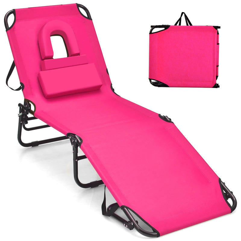 GYMAX Tanning Chair, 330Lbs Beach Lounge Chair With Face Hole, Washable Pillow & Carry Strap, Adjustable Folding Chaise Lounge, Layout Chair For Outside, Patio, Poolside, Lawn (1, Pink) (LOCAL PICKUP ONLY)