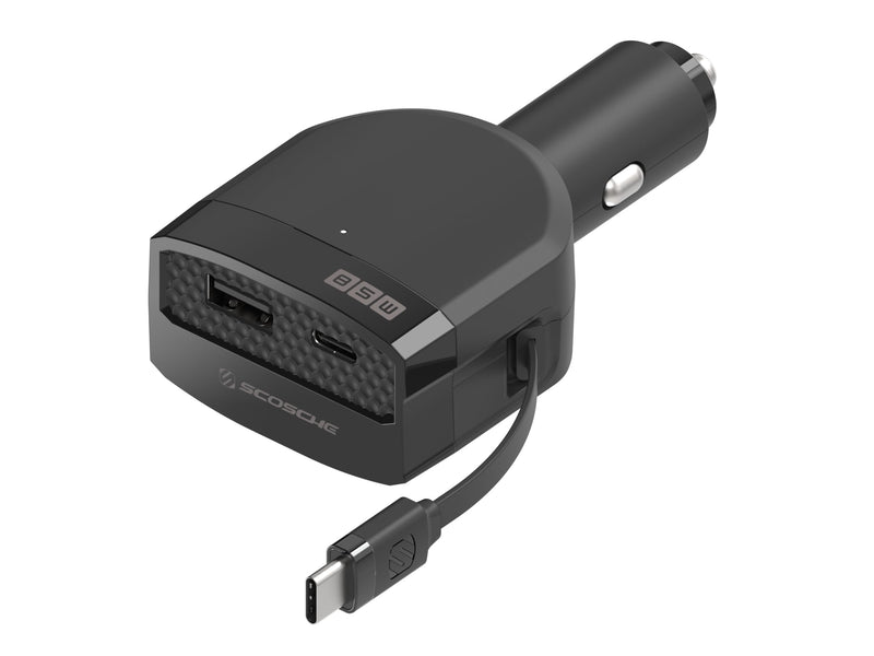 Scosche Powervolt 85 Reel Retractable USB-C Car Charger, 85W Fast Charging Adapter With Built-In 65W USB-C Cable, Extra USB-C & USB-A Ports, 3-Device Charging For Iphone, Android, Tablets & Laptops