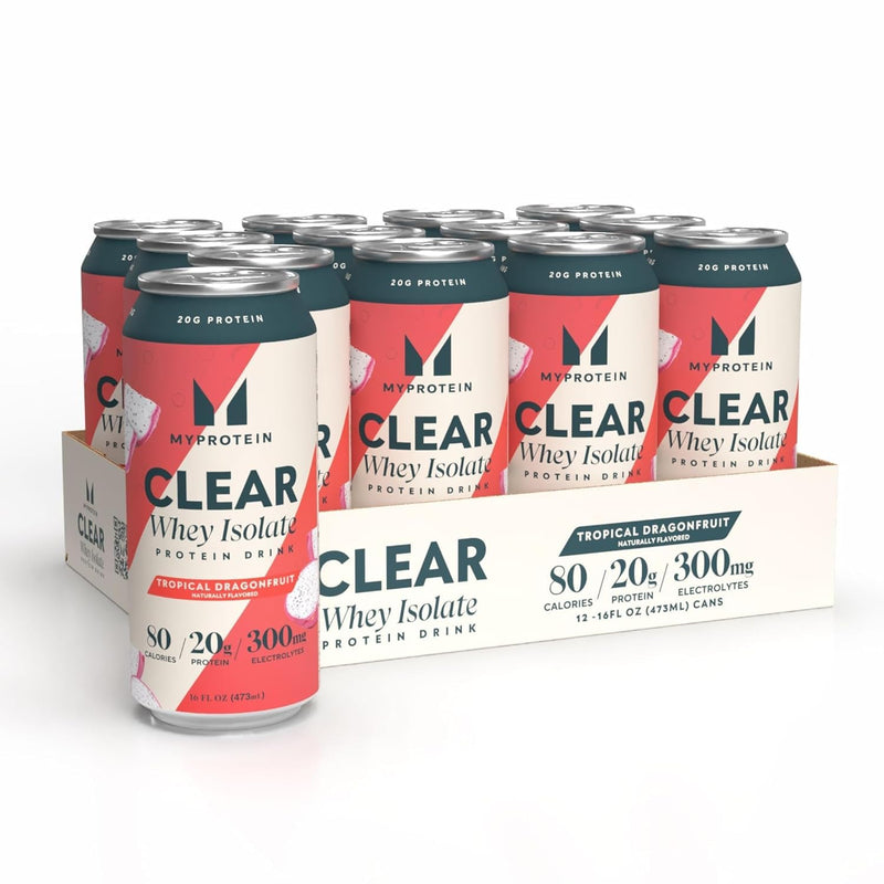 Myprotein Clear Whey Isolate Ready-To-Drink Protein, Tropical Dragonfruit, 16 Fl Oz, Pack Of 12, 20G Protein, 80 Calories, Sugar-Free, Refreshing Fruity Flavored Beverage For Superior Performance