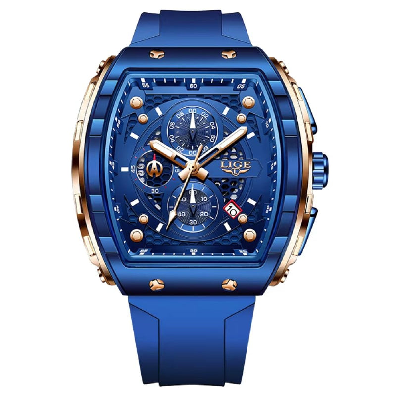 Chronograph Men's Watch With Gold Tone Dial Silicone Strap, R.Blue, Sports