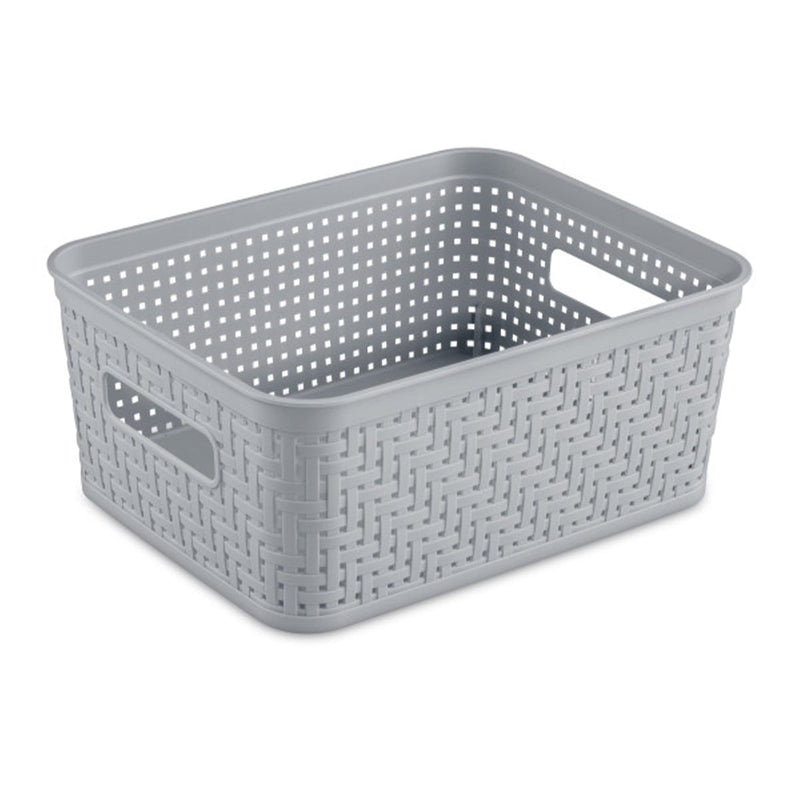 Sterilite 10X8x4.25 Inch Rectangular Weave Pattern Short Basket With Handles For Bathroom, Laundry Room, Pantry, & Closet Storage Organization, Cement