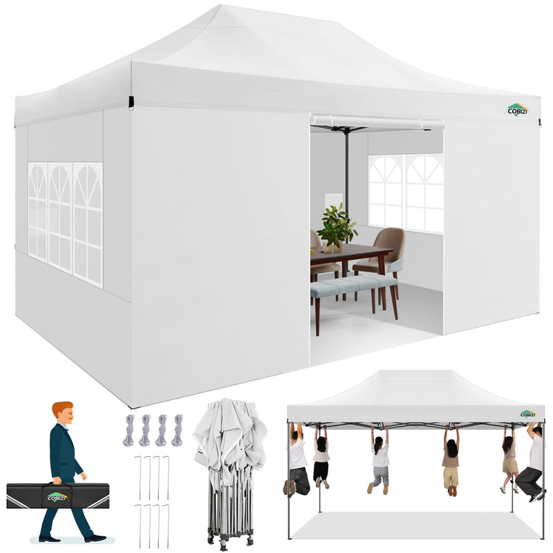 COBIZI 10X15 Pop Up Canopy Gazebo 3.0, Easy Up Heavy Duty Canopy With 4 Removable Sidewalls, High Stability, All Weather Sunshade 100% Waterproof Outdoor Canopy Tents, White (LOCAL PICKUP ONLY)
