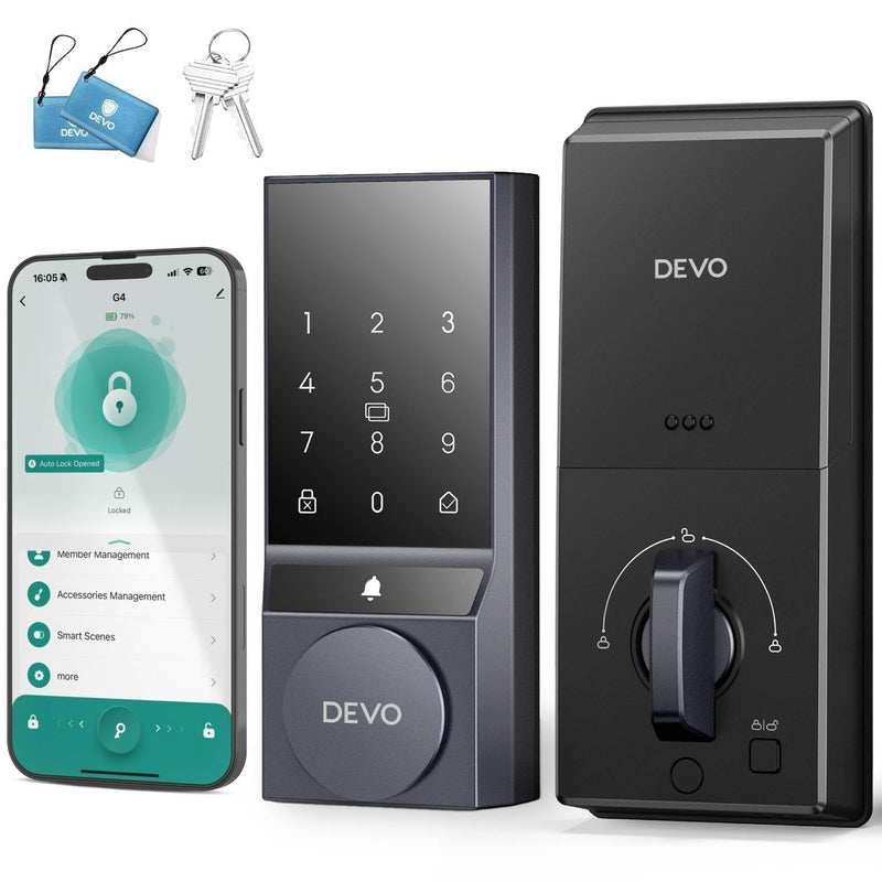Devo G4 Smart Locks For Front Door Keyless Entry Door Lock Smart Deadbolt Built-In Bluetooth With Touchscreen Keypad, App Control Auto Lock, Easy Installation, 8 Months Battery, IP54 Waterproof Grey