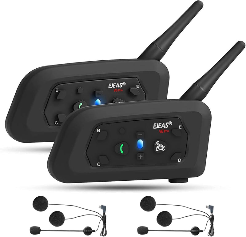EJEAS V6 Pro Motorcycle Bluetooth Headset, Upgraded 2 Riders Intercom Helmet Communication System With Auto-Answering Call And Noise Reduction For Motorcycling Skiing And Climbing (2 Pack)