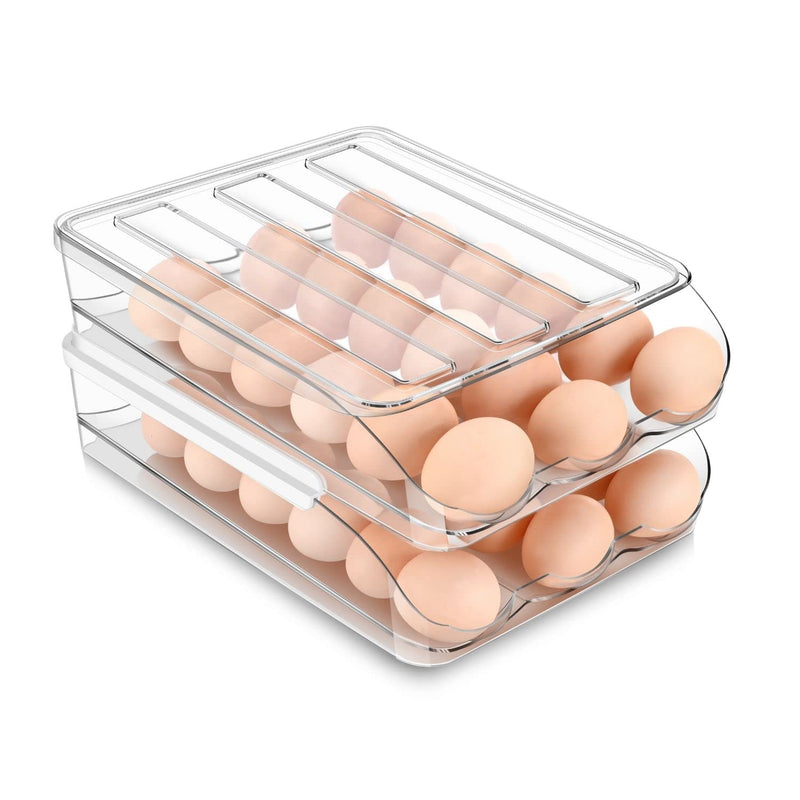 Flexzion 36 Egg Holder For Refrigerator - Egg Roller For Refrigerator, 2-Tier Automatic Egg Dispenser For Refrigerator Roll Down Egg Fridge Organizer, Stackable Clear Container Egg Storage Box