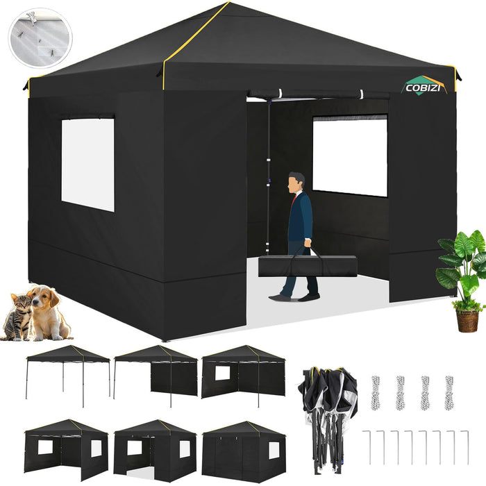 10X10 Pop Up Canopy Tent With 4 Sidewalls And Mesh Windows 2.0, Waterproof Commercial Instant Gazebo Tent Outdoor Canopy Tents For Party/Exhibition/Picnic With Carry Bag,4 Stakes & Ropes (Black) (LOCAL PICKUP ONLY)