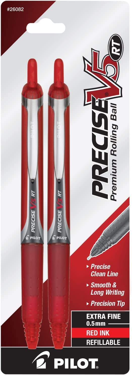 PILOT Precise V5 RT Refillable & Retractable Liquid Ink Rolling Ball Pens, Extra Fine Point (0.5Mm) Red Ink, 2-Pack (26082)