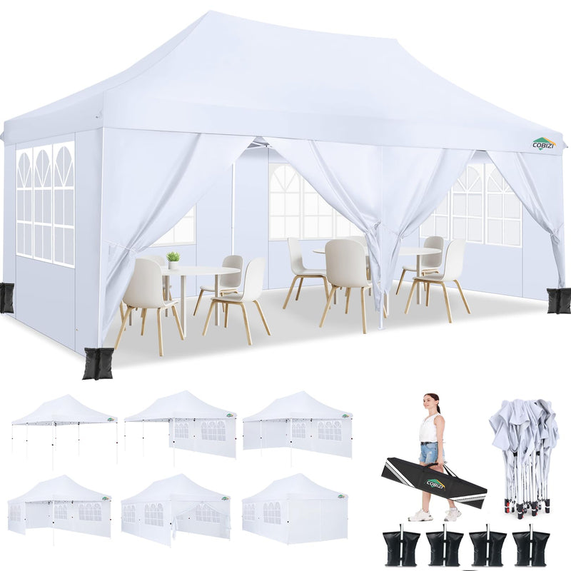 COBIZI 10X20ft Pop Up Canopy Tent With 6 Removable Sidewalls, Easy Up Commercial Canopy, Waterproof And UV50+ Gazebo With Portable Bag, Adjustable Leg Heights,Party Tents For Parties, With 4 Sandbags (LOCAL PICKUP ONLY)