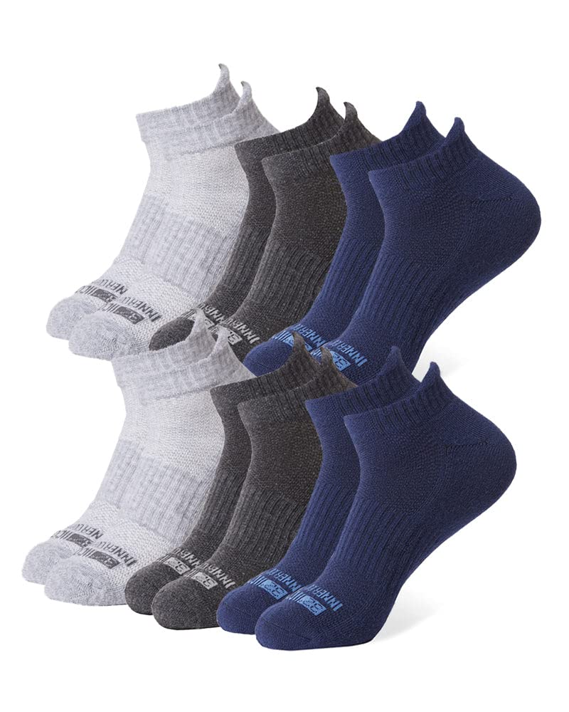 32 Degrees Men's 6 Pack Comfort Ankle Socks | Anti-Odor | Cushioned Heel | Arch Support | Active | Casual | Work, Navy/HT Black/HT Grey, Large