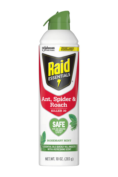 Raid Essentials Ant, Spider & Roach Killer Aerosol Spray, Child & Pet Safe, Kills Insects Quickly, For Indoor Use, Rosemary Mint Scent, 10 Fl Oz