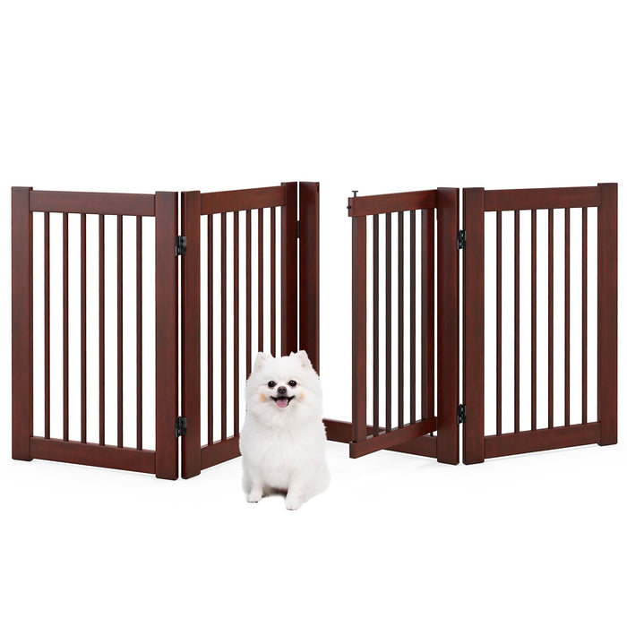 Giantex Dog Gate With Door - 30''H × 80''W Wooden Pet Gate With Walk Through Door, Foldable Freestanding 4 Panels Pet Safety Fence Extra Wide For Doorway Stairs House Deck Yard, Dark Cherry Brown (LOCAL PICKUP ONLY)