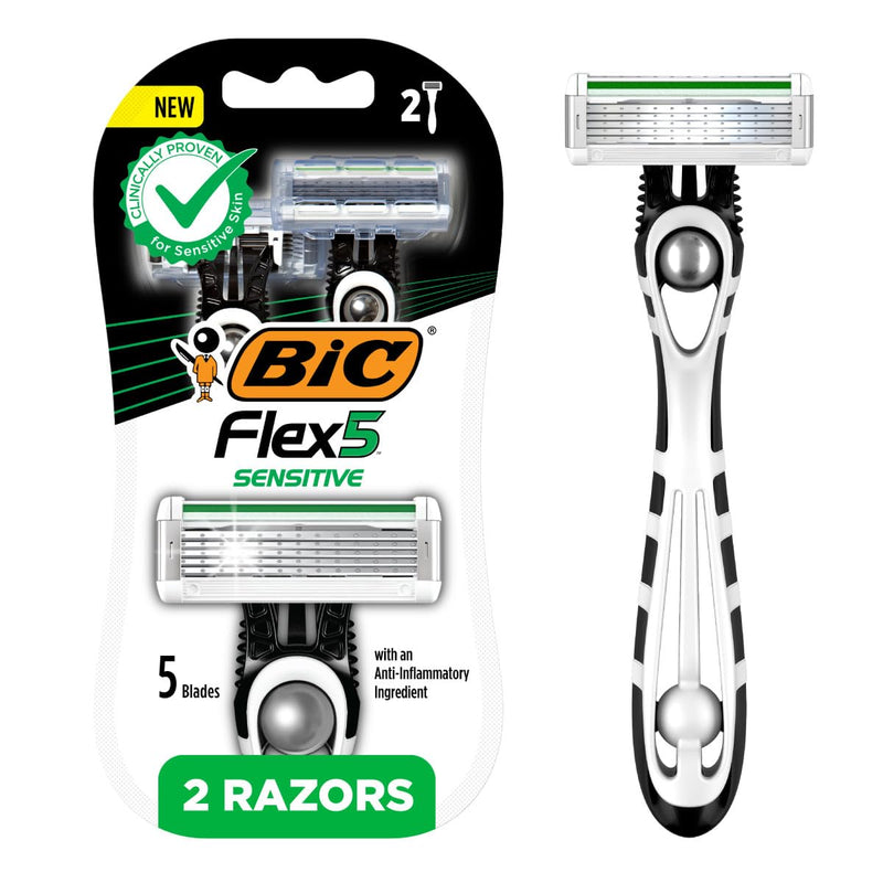 Bic Flex 5 Sensitive Men's Disposable 5-Blade Razors, Comfortable Shave, 2-Pack