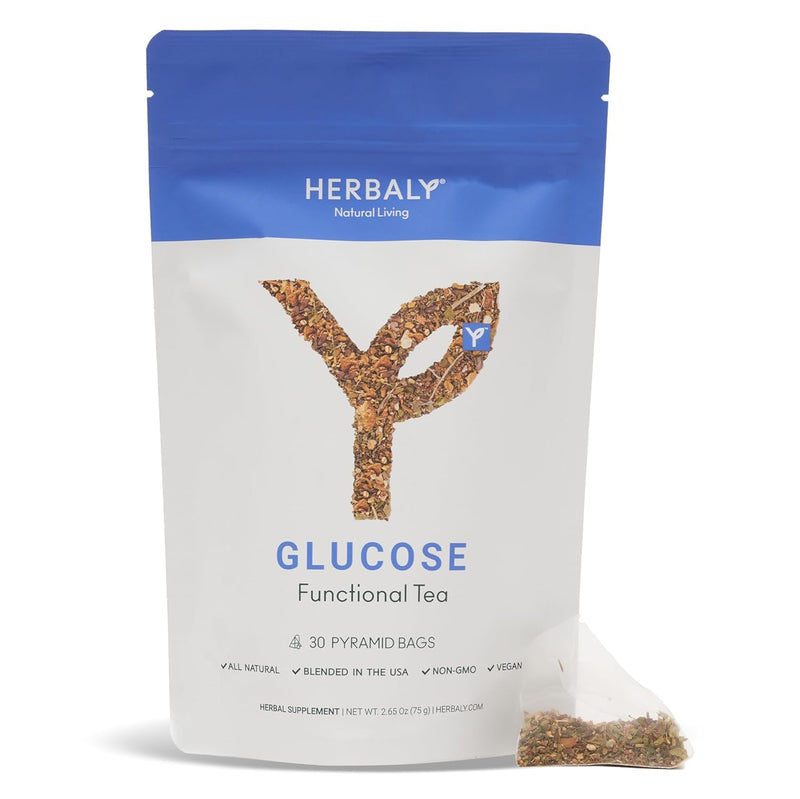 Herbaly Glucose Functional Tea - Vitality & Wellness - Gymnema Sylvestre, Ceylon Cinnamon, Bitter Melon, Dandelion Root, Fenugreek - Daily Teas - Organic Plant-Based Tea Bag Pyramids - 30 Ct