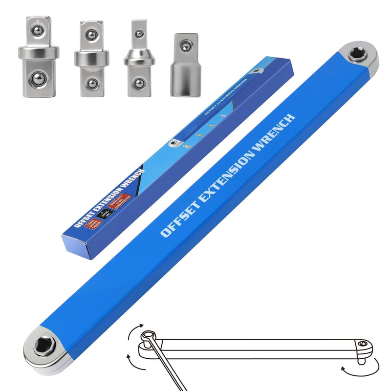 DEPOTA Offset Extension Wrench, Zero Degree Ratchet Extension Set Impact Ready Socket Wrench Extender Tool With 1/2", 1/4", 3/8" Drive Adapters And 1/4" Socket For Tight Place (Blue)