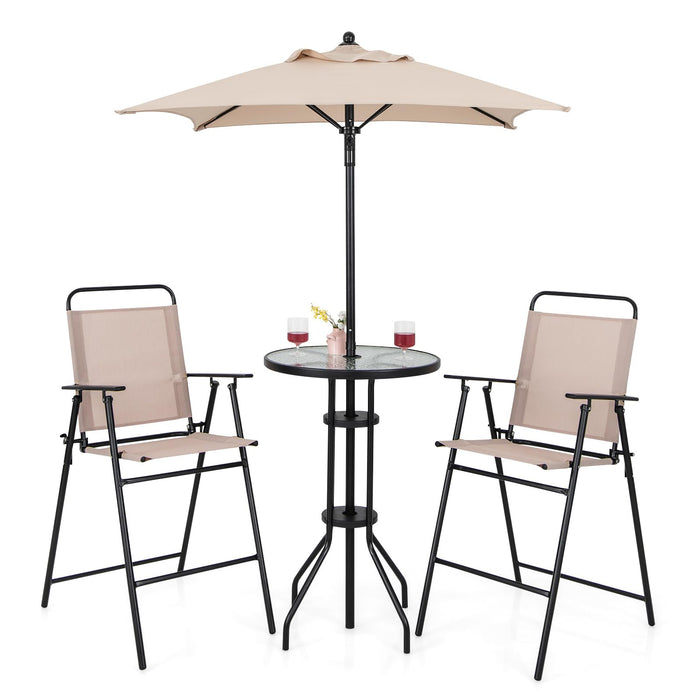 Giantex 4-Piece Outdoor Bar Set, Round High Top Bar Table With 2 Folding Counter Height Chairs & Umbrella, Patio Bistro Table Set With Tempered Glass Top For Garden Porch Poolside, Beige (LOCAL PICKUP ONLY)