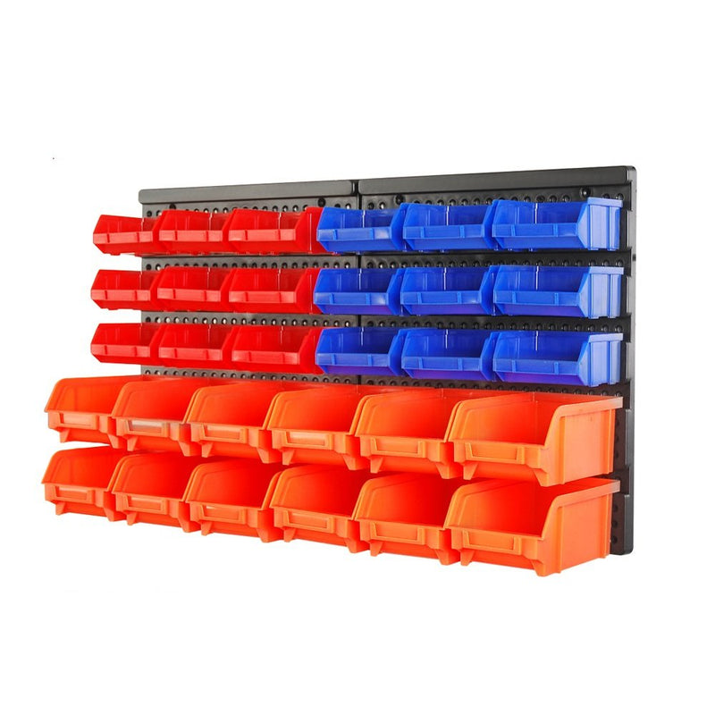 HORUSDY Wall Mounted Storage Bins Parts Rack 30PC Organizer Garage Plastic Shop Tool For Men's Gift, Blue,Orange,Red
