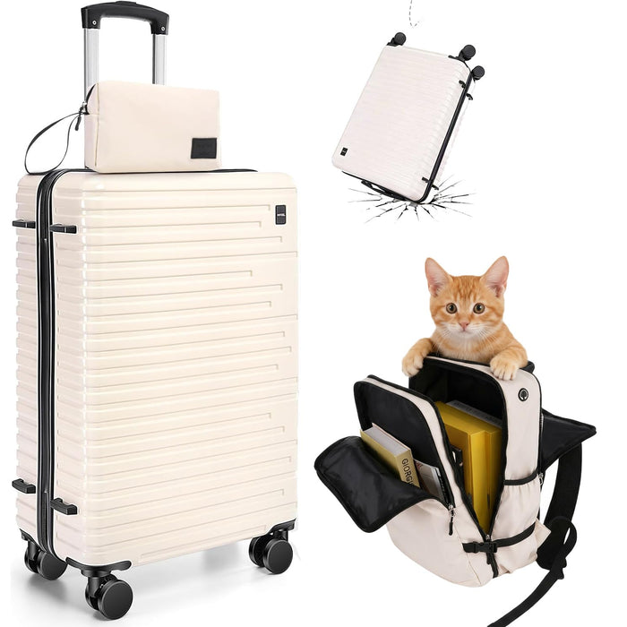 Hoteel Luggage Sets 3 Piece, 4-Year Warranty, Carry-On Luggage With Dual-Spinner Wheels, PC+ABS Hardside Suitcase Set With TSA Lock, Durable Carry On Suitcase, Beige(20IN/DB/TB) (LOCAL PICKUP ONLY)