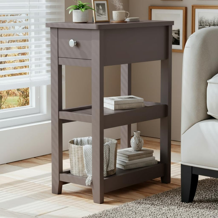 SEJOV End Table, 3-Tier Narrow Nightstand With Drawer And 2 Shelves, Wood Look Accent Side Tables Living Room Bed Room Office, Brown (LOCAL PICKUP ONLY)