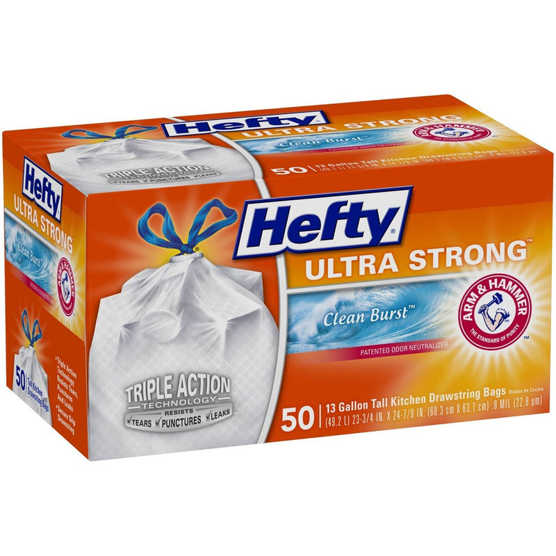 Hefty Ultra Strong Tall Kitchen Drawstring Trash Bags - Clean Burst Scent - 13 Gallon - 50ct