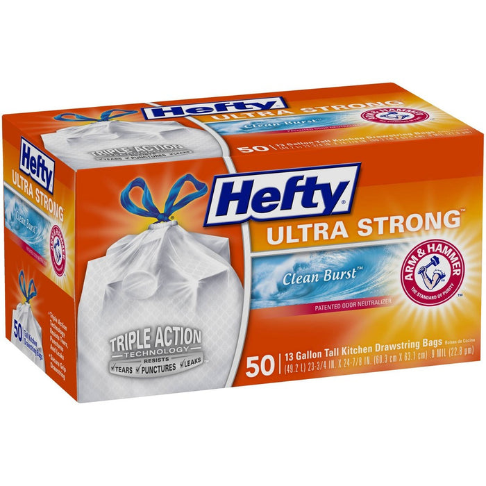 Hefty Ultra Strong Tall Kitchen Drawstring Trash Bags - Clean Burst Scent - 13 Gallon - 50ct