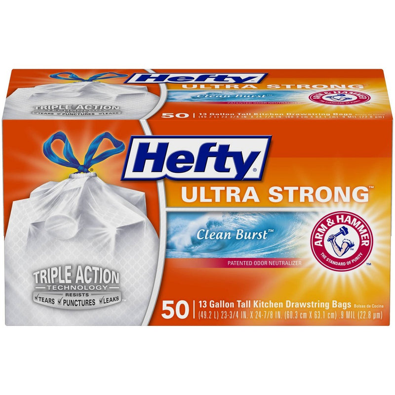 Hefty Ultra Strong Tall Kitchen Drawstring Trash Bags - Clean Burst Scent - 13 Gallon - 50ct